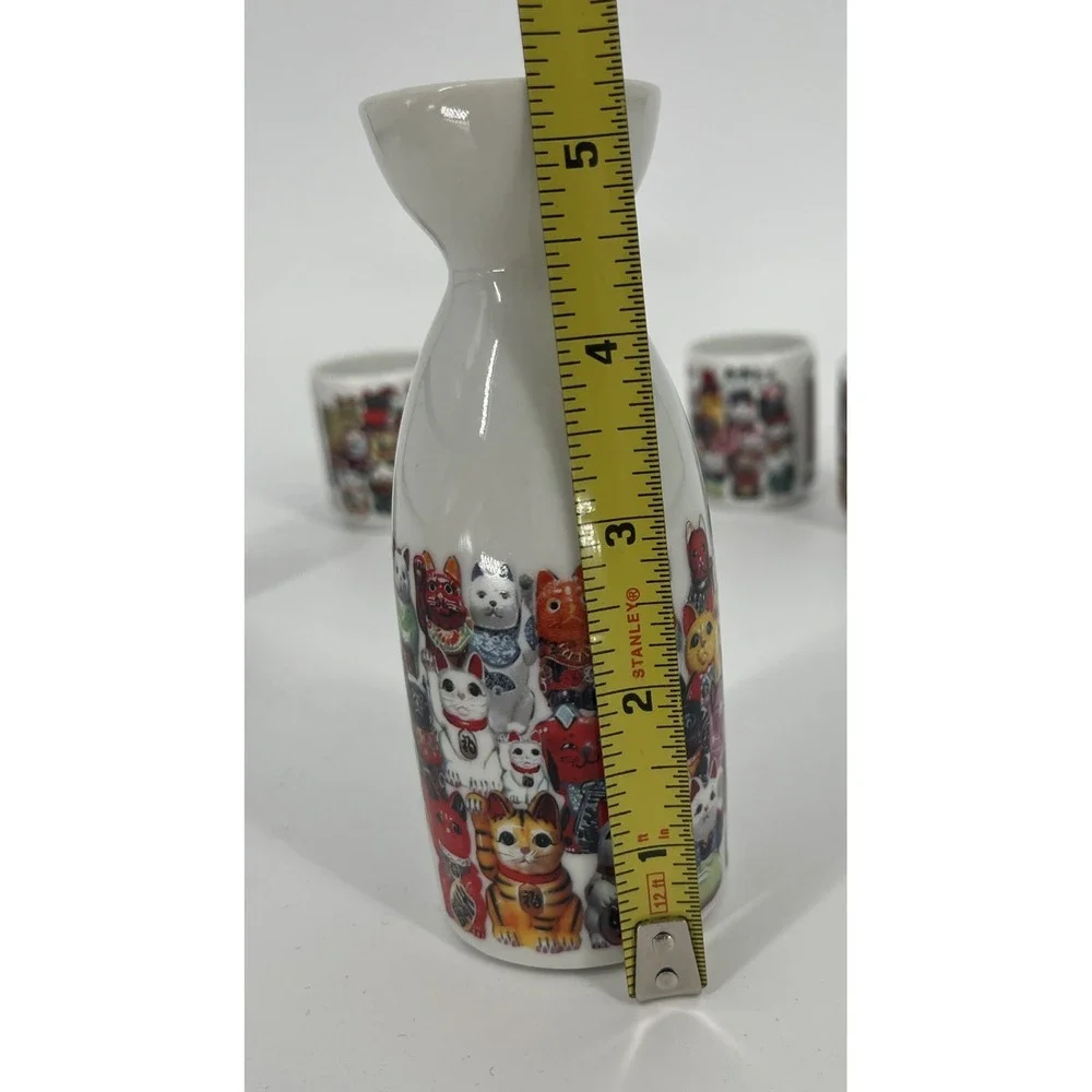 Sake Bottle And‎ Cup 5 Pc Set Porcelain Ware Maneki Neko Lucky Cat No Chips EUC - Picture 5 of 6